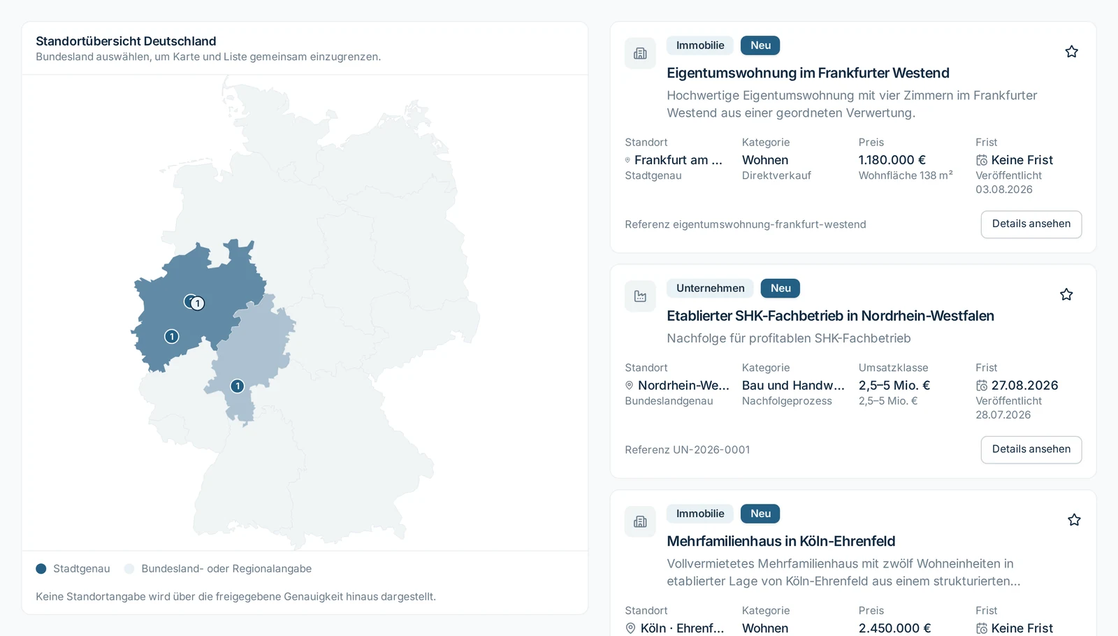 Opportunity Explorer mit Deutschlandkarte und synchronisierter Ergebnisliste