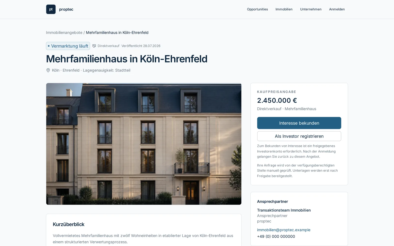 Öffentliches Objektexposé mit Kaufpreisangabe, Kerndaten und rechtlichem Hinweis