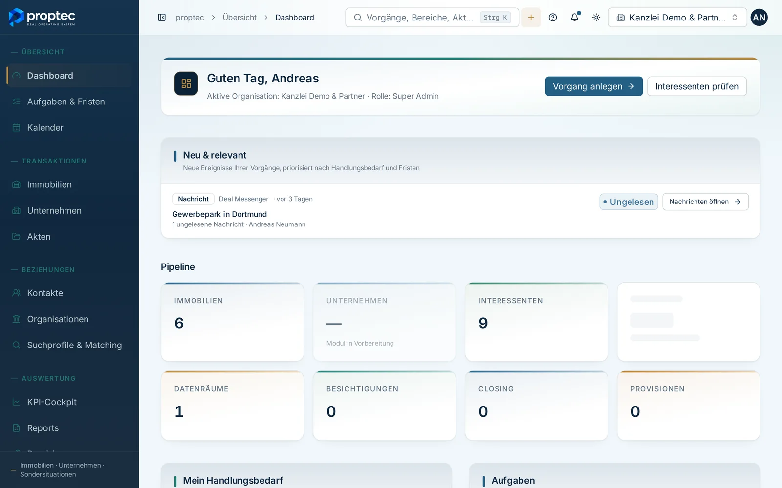 Management-Dashboard mit Pipeline, Käuferaktivität und laufenden Vorgängen