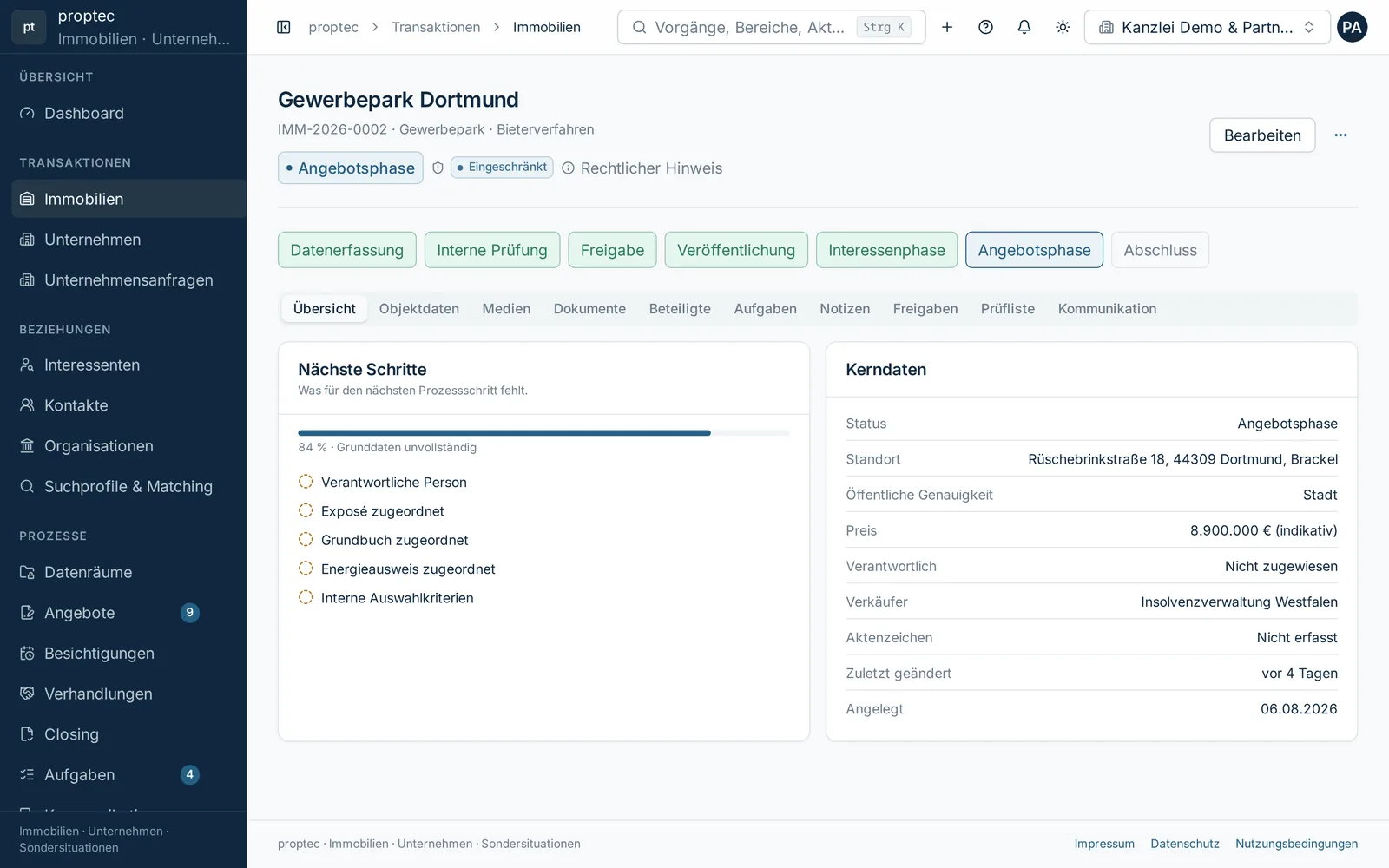 Interne Objektakte mit Prozessschritten, Vollständigkeitsgrad und Kerndaten