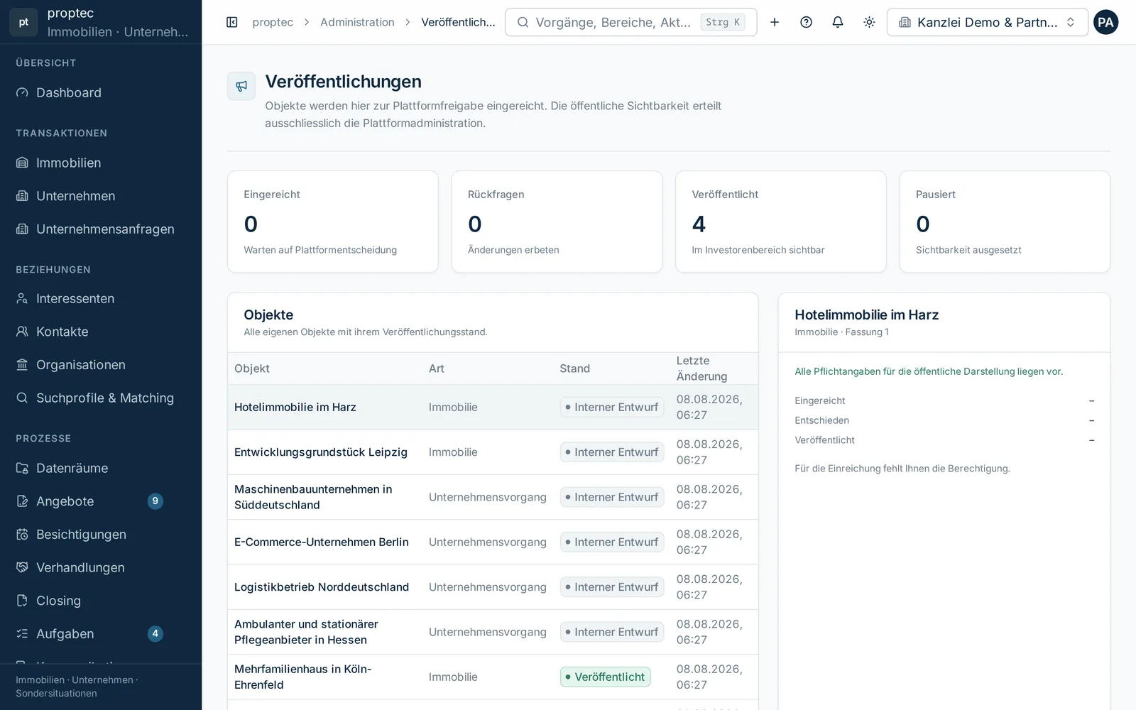 Übersicht der Veröffentlichungen mit Freigabestand je Vorgang